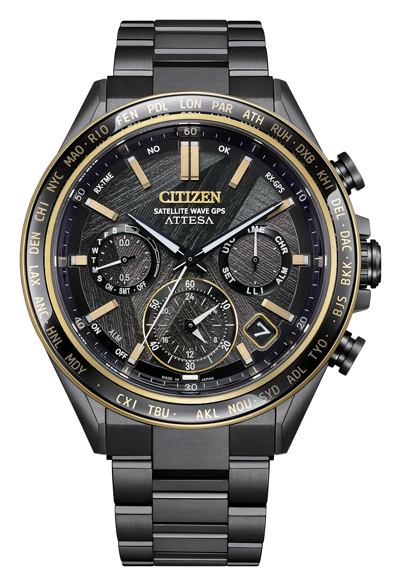 The Citizen ATTESA F950 LIGHT in BLACK (CC4078-51E) is a limited edition Eco-Drive Satellite Wave GPS watch with a black and gold Super Titanium band, world time bezel, textured black dial, gold accents, and multiple subdials.