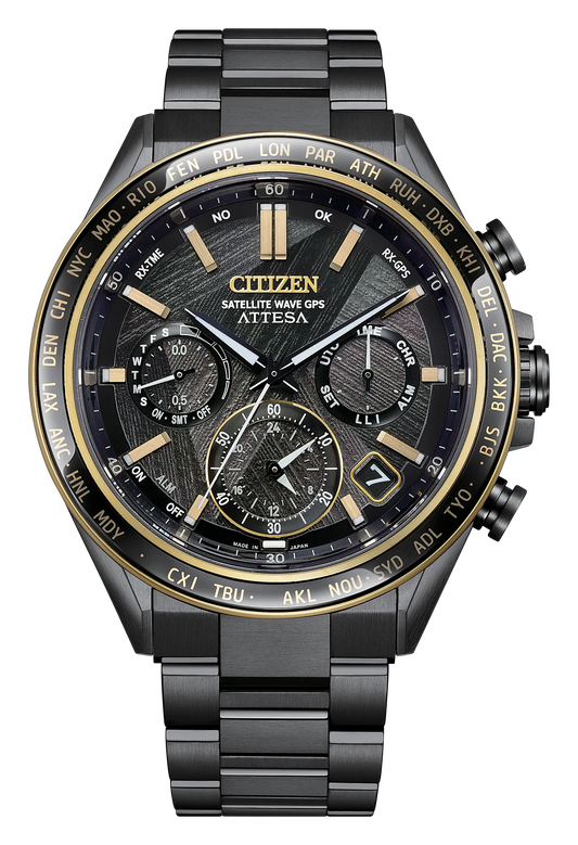 The Citizen ATTESA F950 LIGHT in BLACK (CC4078-51E) is a limited edition Eco-Drive Satellite Wave GPS watch with a black and gold Super Titanium band, world time bezel, textured black dial, gold accents, and multiple subdials.