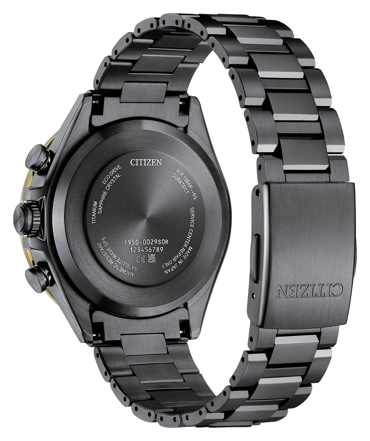 Rear of the Citizen Watch - ATTESA F950 LIGHT in BLACK (CC4078-51E) with black metal band and case, engraved details and numbers on the back, and Citizen logo visible on the clasp.
