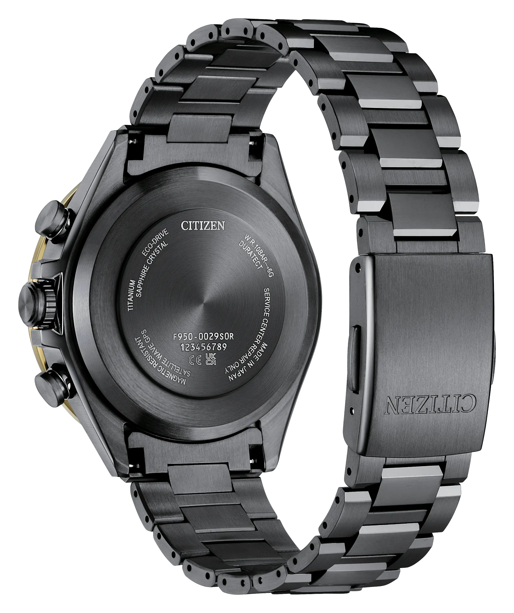 Rear of the Citizen Watch - ATTESA F950 LIGHT in BLACK (CC4078-51E) with black metal band and case, engraved details and numbers on the back, and Citizen logo visible on the clasp.