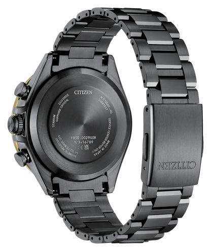 Rear of the Citizen Watch - ATTESA F950 LIGHT in BLACK (CC4078-51E) with black metal band and case, engraved details and numbers on the back, and Citizen logo visible on the clasp.