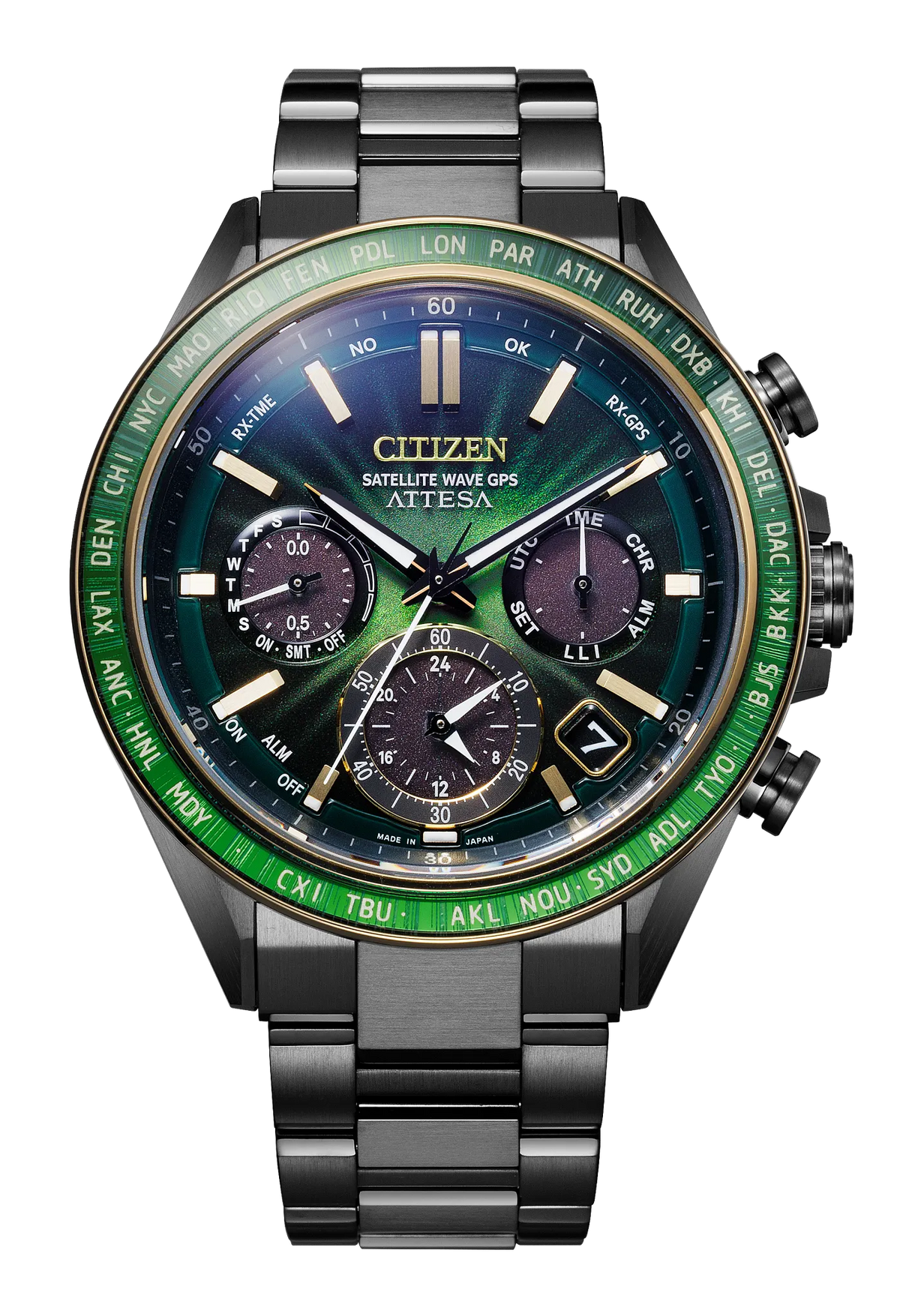 A Citizen Watch - ATTESA Green Dial Super Titanium (model CC4084-83Z) by Citizen, featuring a green-accented bezel, black metal strap, multiple sub-dials, and Satellite Wave GPS branding, is displayed on a white background.