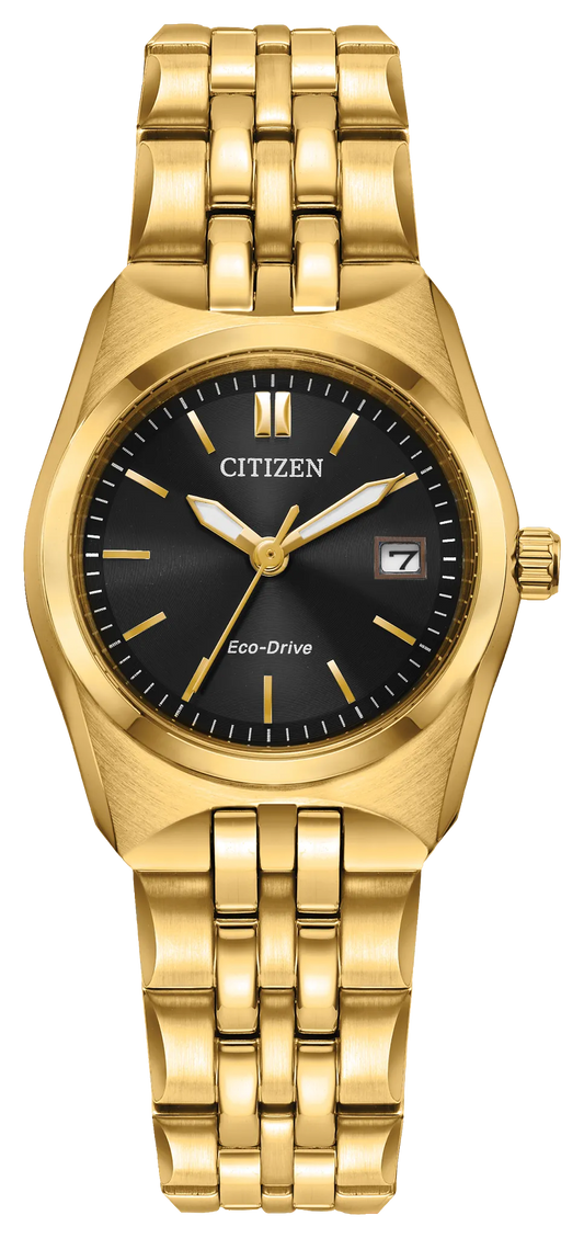 The Citizen Watch - Ladies' Corso (EW2293-56E) features a gold-tone stainless steel case, black dial with gold markers and hands, date display at 3 o’clock, and a chic gold metal link band.