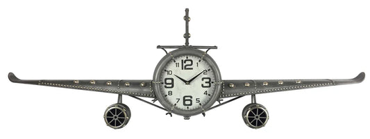 The Peterson - Jet Fighter Wall Clock (CL7106B) by Peterson is a handcrafted iron clock, featuring a jet nose and cockpit face, metal wings, and jet engines—an ideal industrial accent for any room.