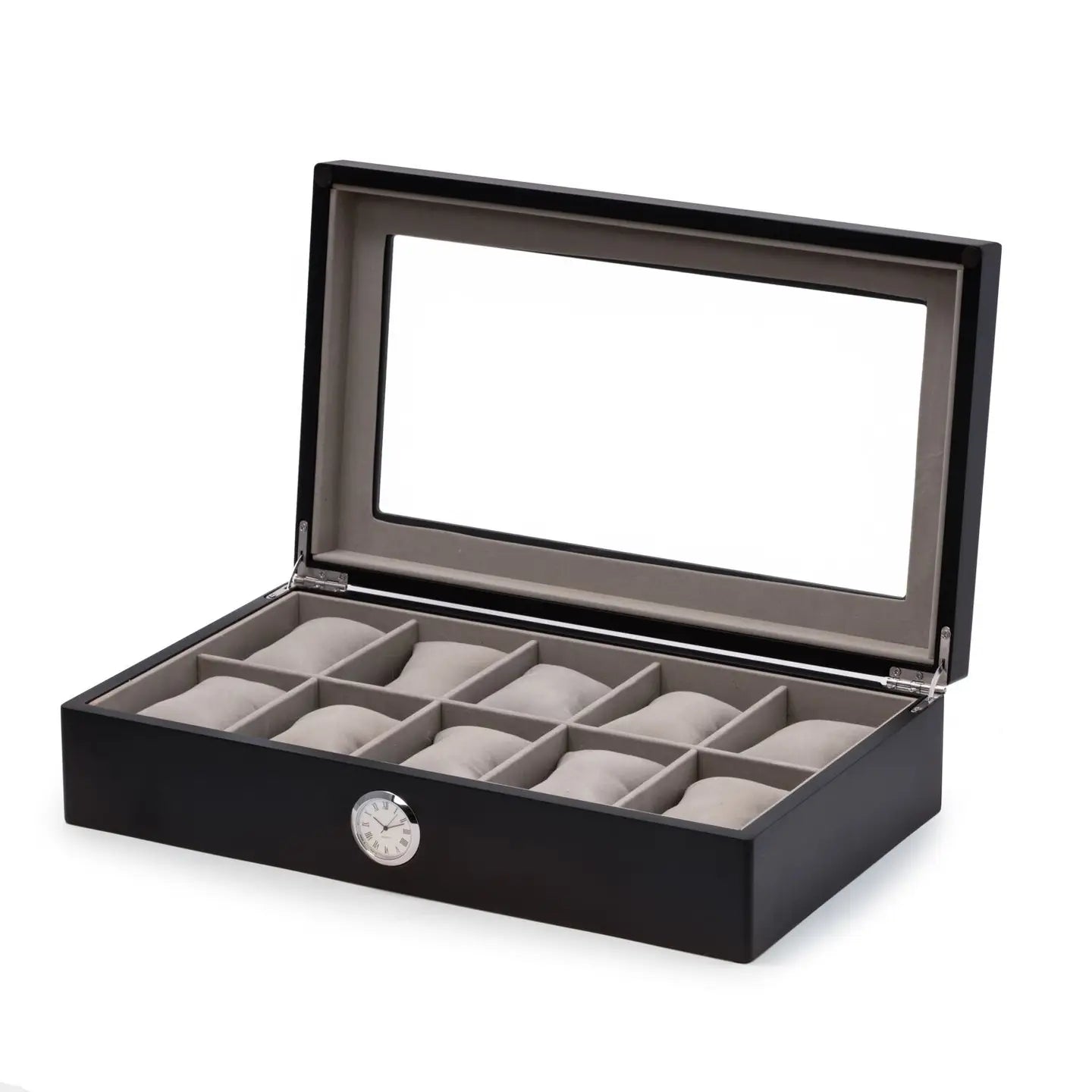 The Bey-berk CM639BLK is a black watch box with a glass top, gray interior, and 10 cushioned compartments. It features a built-in quartz clock on the front for style and convenience.
