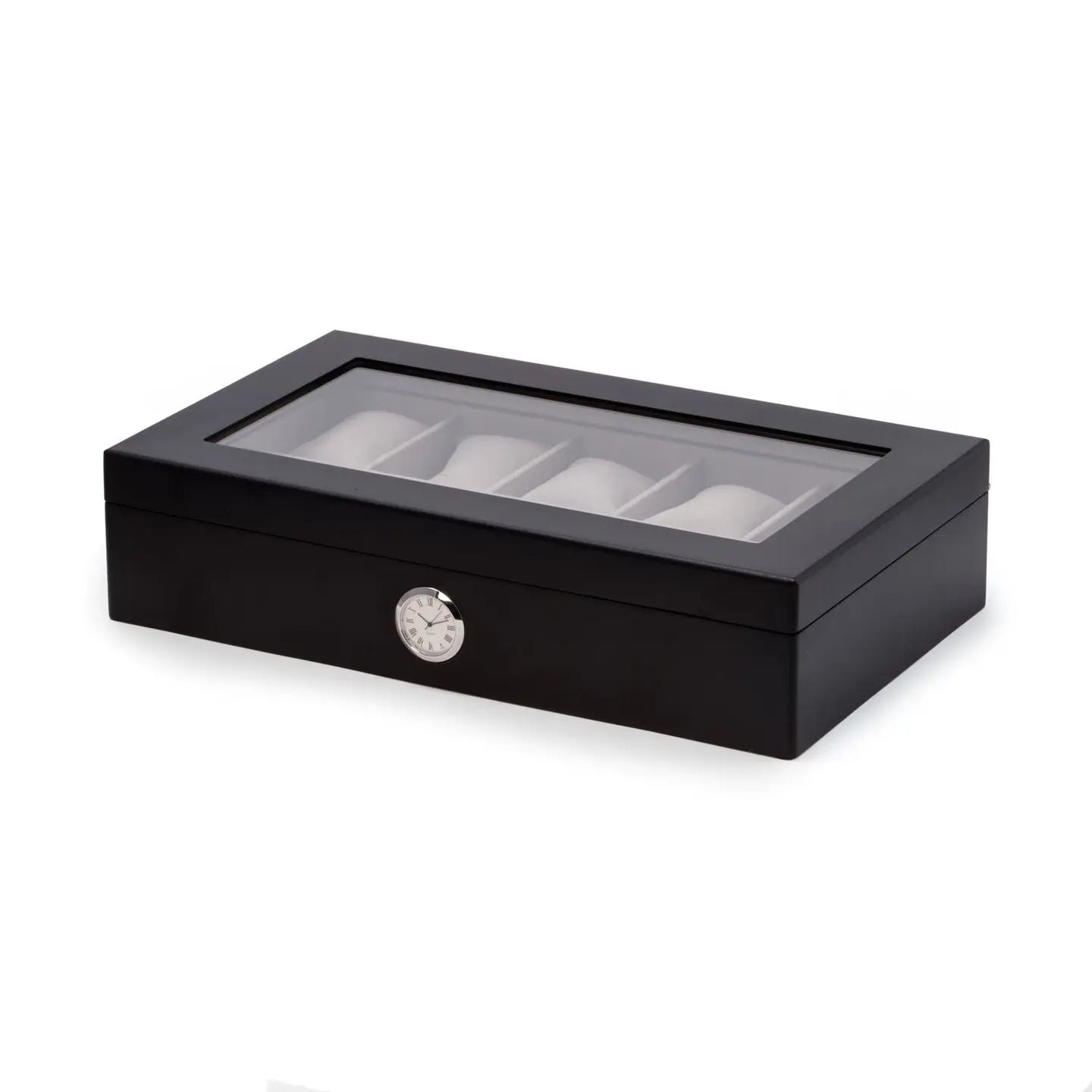 The Bey-berk CM639BLK Black 10 Watch Box features a glass see-through lid, ten compartments each with a cushion, and a silver round quartz clock on the front.