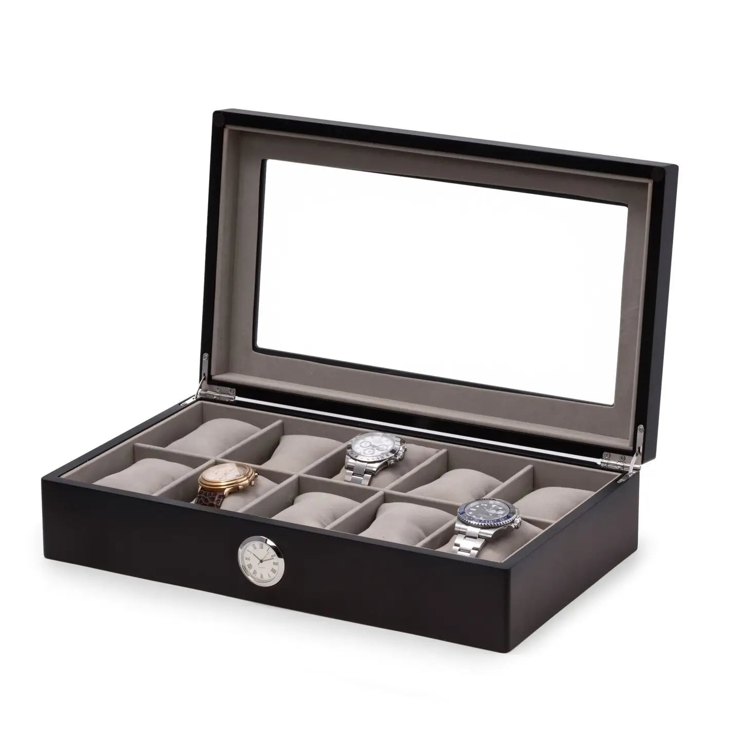 The Bey-berk CM639BLK Black Watch Box holds up to 10 watches on grey cushioned slots beneath a glass top and features a quartz clock mounted on the front.