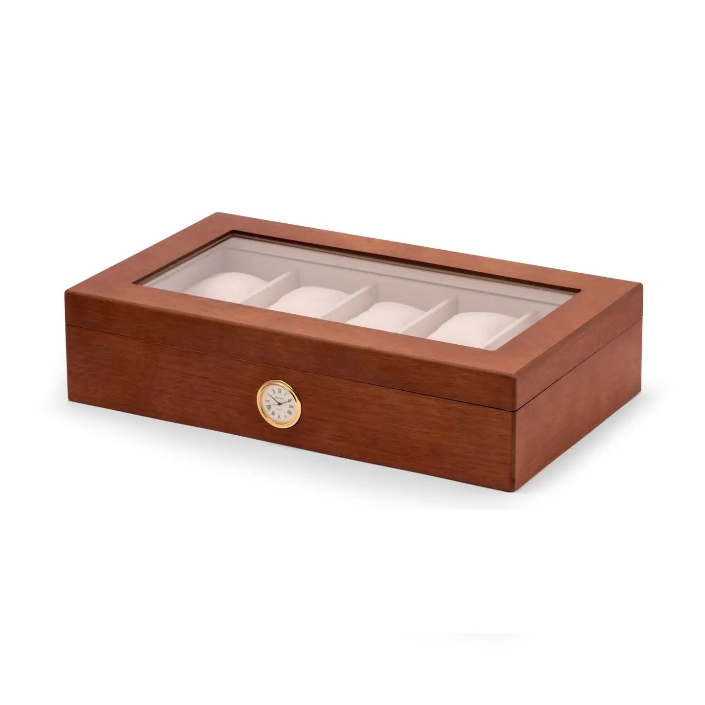 The Bey-berk Watch Box (CM639BRW) is a brown rectangular box for 10 watches, featuring a glass top display and a small round quartz clock on the front.