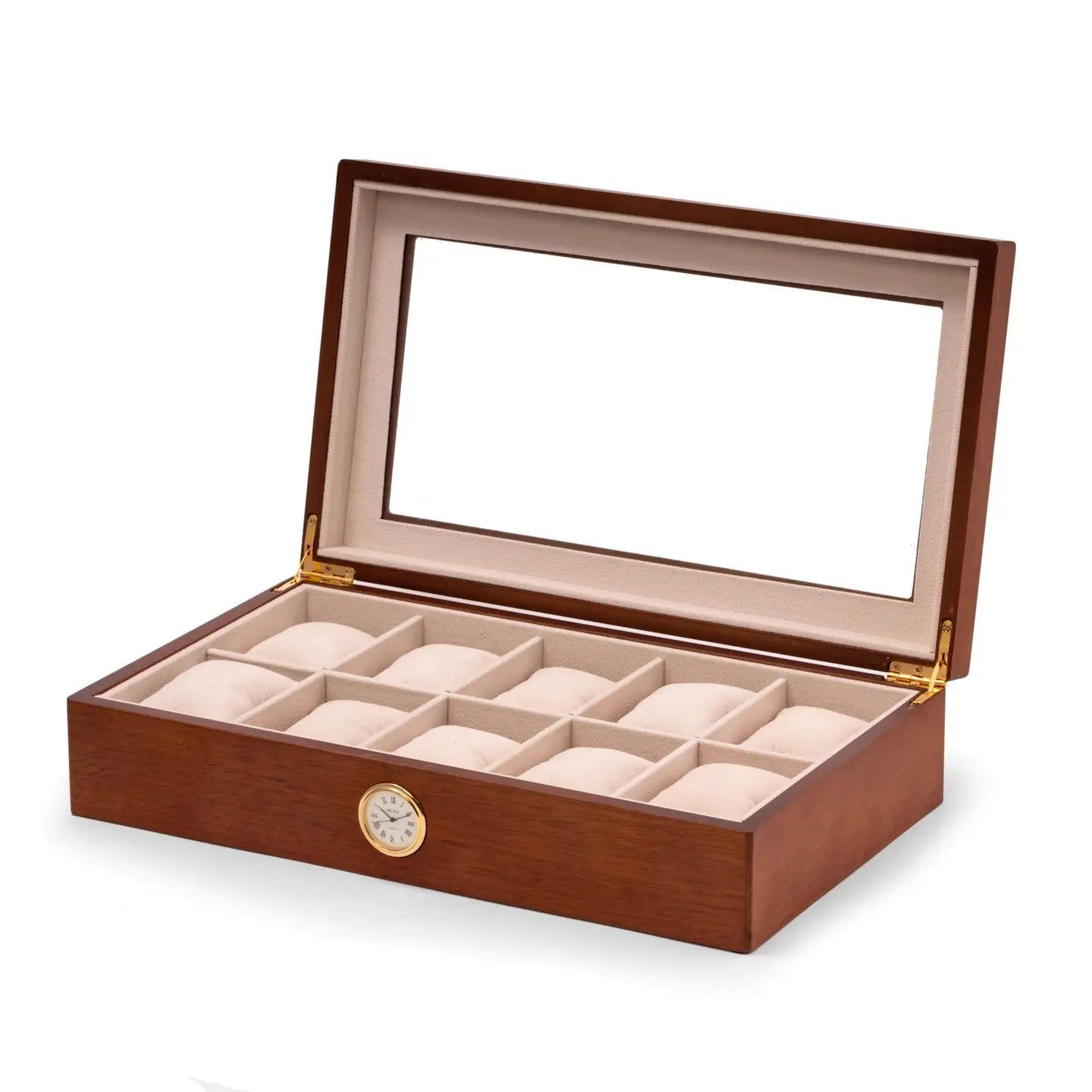 The Bey-berk CM639BRW Brown Watch Box features a glass lid, gold hinges, a quartz clock on the front, and ten beige cushioned compartments for watch storage.