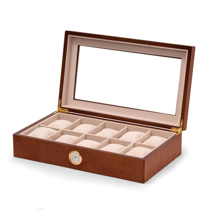 The Bey-berk CM639BRW Brown Watch Box features a glass lid, gold hinges, a quartz clock on the front, and ten beige cushioned compartments for watch storage.