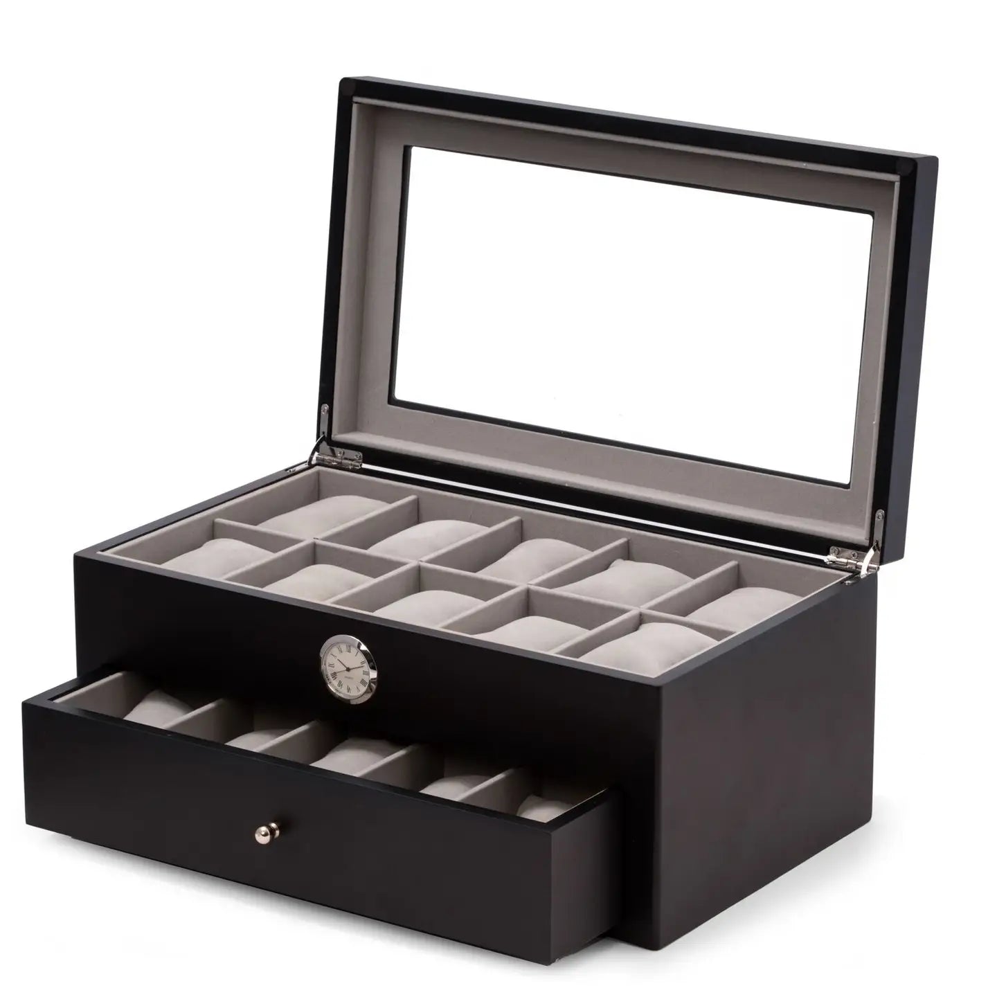 The Bey-berk CM640BLK is a black watch box with a glass lid, displaying padded slots for 20 watches, a front clock, and a lower drawer for extra storage—an elegant choice from Bey-berk.