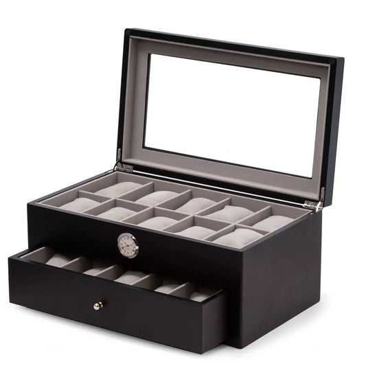 The Bey-berk CM640BLK is a black watch box with a glass lid, displaying padded slots for 20 watches, a front clock, and a lower drawer for extra storage—an elegant choice from Bey-berk.