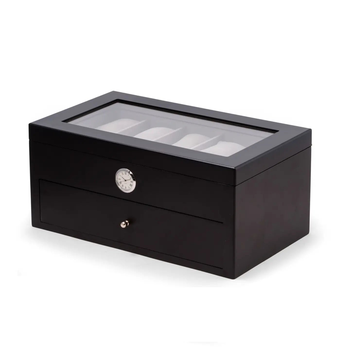 The Bey-berk Watch Box (CM640BLK) is a black 20-watch organizer with a glass top, front round clock, and drawer. Its interior compartments elegantly display your collection.