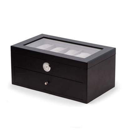 The Bey-berk Watch Box (CM640BLK) is a black 20-watch organizer with a glass top, front round clock, and drawer. Its interior compartments elegantly display your collection.