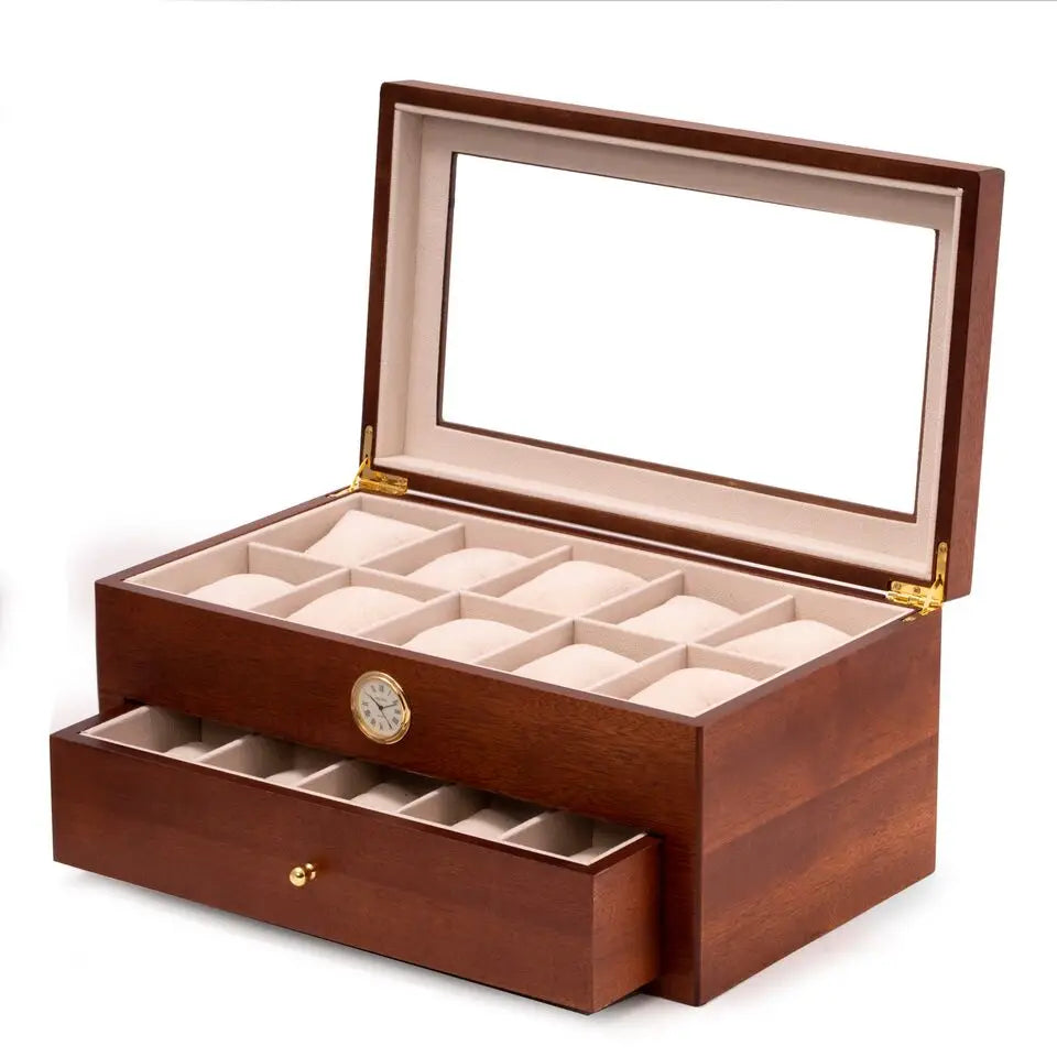 The Bey-berk CM640BRW Watch Box in brown holds up to 20 watches, features a glass lid, beige interior, open drawer for extra storage, and a built-in front clock.