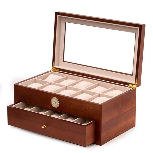 The Bey-berk CM640BRW Watch Box in brown holds up to 20 watches, features a glass lid, beige interior, open drawer for extra storage, and a built-in front clock.