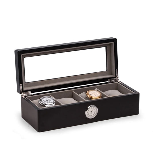 BeyBerk Watch Box - Black Four Watch Box - CM659BLK, a black wooden watch box with a glass lid and four internal compartments, holding two watches.