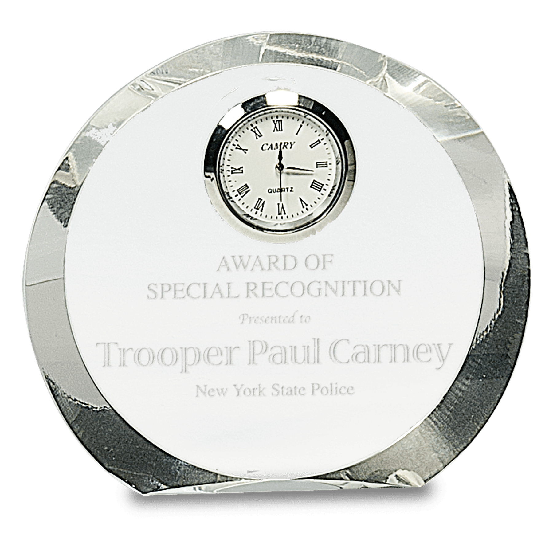 The JDS Crystal Mini Clock (CRY169) is a silver and glass award plaque featuring a round crystal clock, engraved with "Award of Special Recognition presented to Trooper Paul Carney, New York State Police.