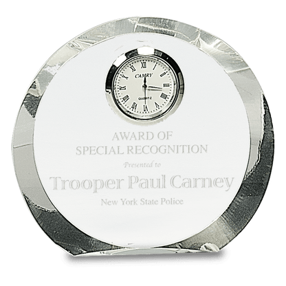 The JDS Crystal Mini Clock (CRY169) is a silver and glass award plaque featuring a round crystal clock, engraved with "Award of Special Recognition presented to Trooper Paul Carney, New York State Police.