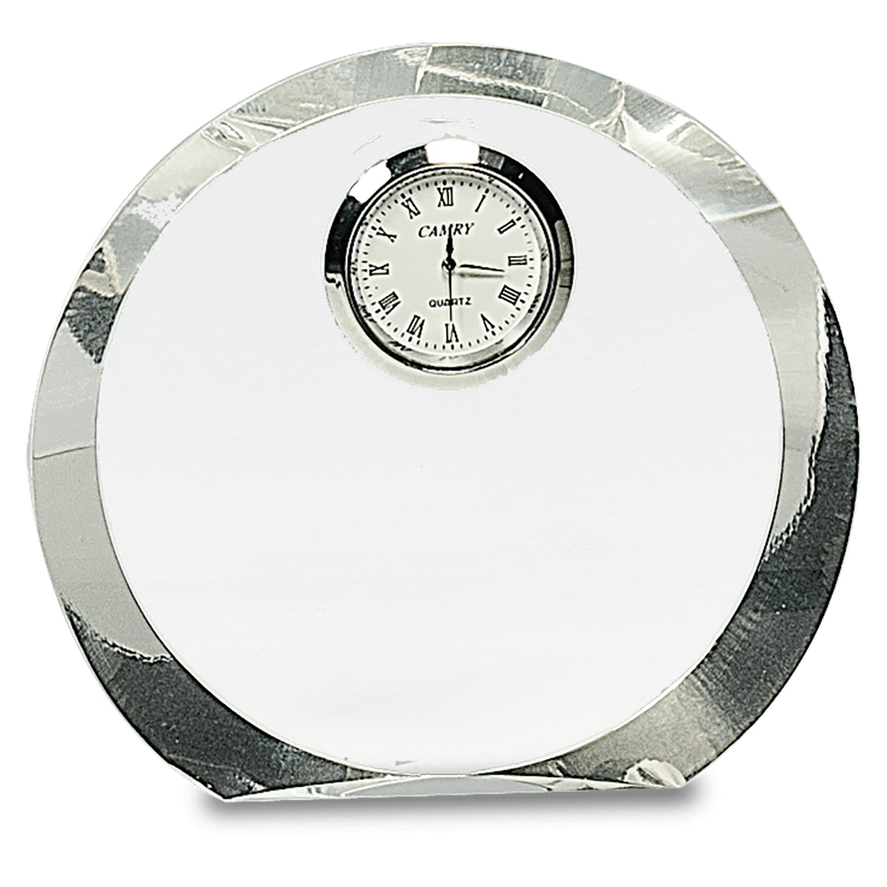 The JDS Crystal Mini Clock (CRY169) features a modern, minimalist round design with a silver and white clear crystal face, Roman numerals, and reflective metallic finish set in a sleek circular base.