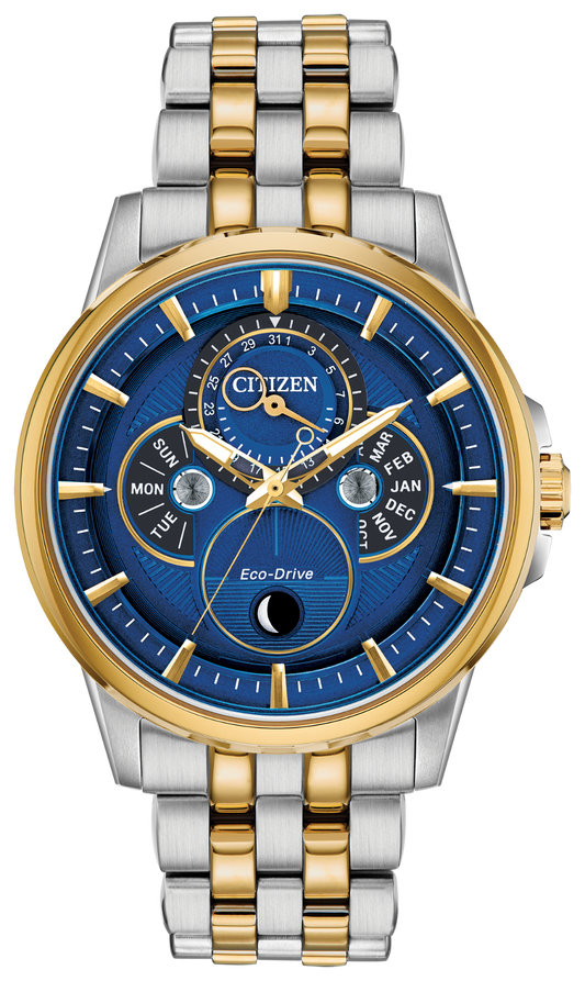 The Citizen Calendrier Moonphase BU0054-52L men's watch features Eco-Drive, a blue dial, gold-tone bezel, two-tone silver and gold band, subdials for day/date/month, and elegant gold hour markers.