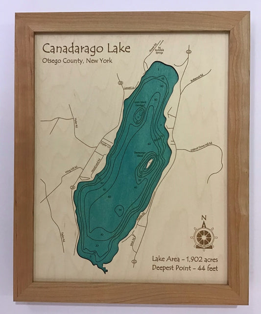 Lake Map - Canadarago Lake - Carved Wooden Relief Map - 11" x 14" - New York