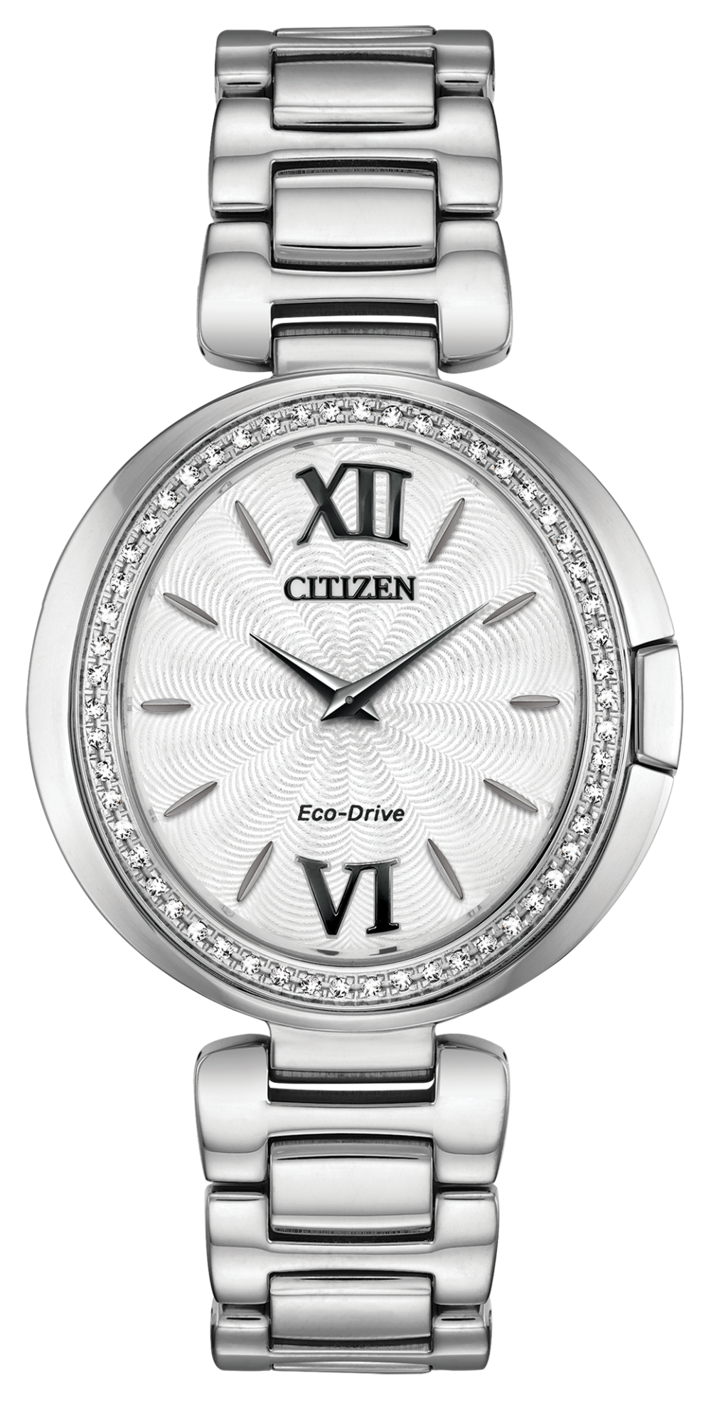 The Citizen Capella EX1500-52A is a silver-tone stainless steel watch featuring a white patterned dial, silver hands, Roman numerals at 12 and 6 o’clock, a crystal-accented bezel, and reliable Eco-Drive technology.