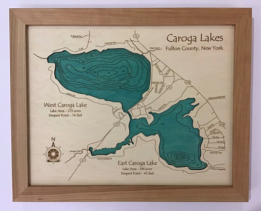 Lake Map - Caroga Lakes - Laser Carved Wooden Relief Map - 11" x 14" - New York