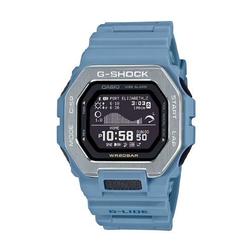Blue Casio G-Shock digital watch on a white background