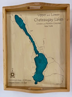 The Lake Art Serving Tray - Chateaugay Lake - New York features a carved and painted map detailing Upper and Lower Chateaugay Lake’s shapes, nearby roads, and key geographic highlights.