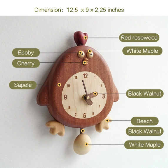 The Senser Woodcraft Chick-a-Tick wooden wall clock is handcrafted in a chicken shape from rosewood, maple, ebony, cherry, sapele, walnut, and beech. Ideal as nature-inspired decor. Dimensions: 12.5 x 9 x 2.25 inches.