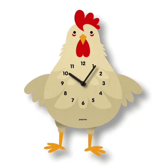 The Popclox Clock - Chicken Pendulum Clock (PCPEN160) by Popclox is a whimsical wood wall clock shaped like a cartoon chicken with spread wings, yellow feet, red comb, and black hands at 11:00 adorning its playful body.