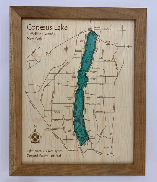 Lake Map - Conesus Lake - Laser Carved Wooden Relief Map - 11" x 14" - New York