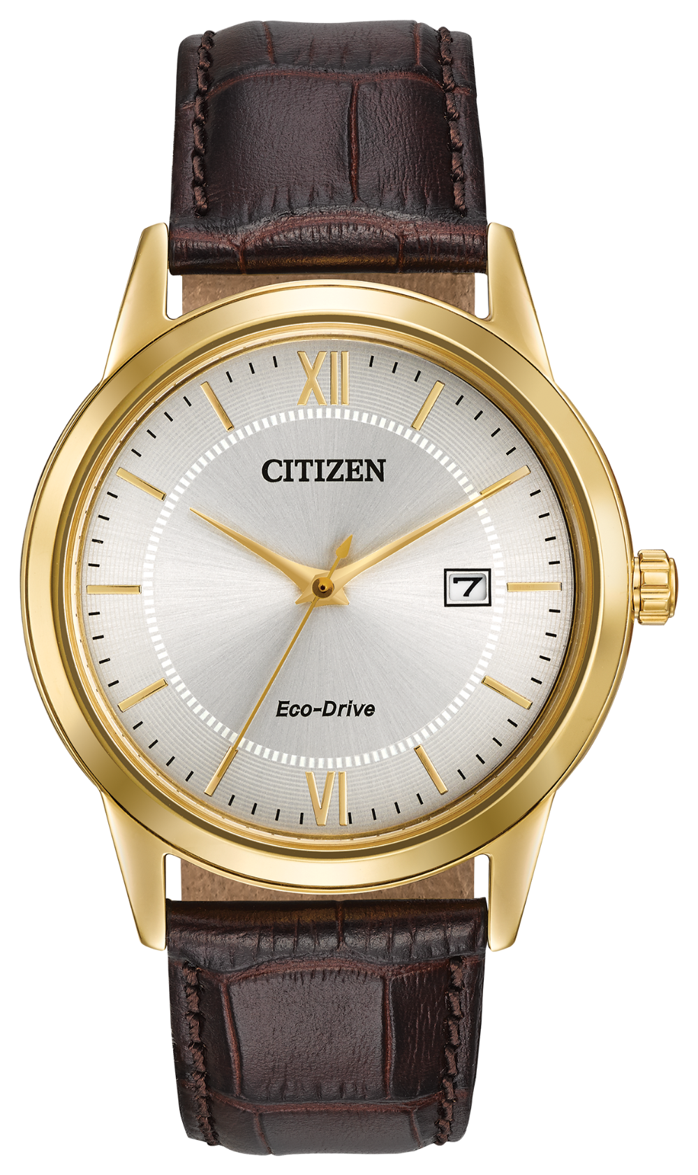 The Citizen Watch - Corso - AW1232-04A features Eco-Drive tech, a gold-tone stainless steel case, silver dial with gold markers and hands, brown leather strap, and date window at 3 o’clock.