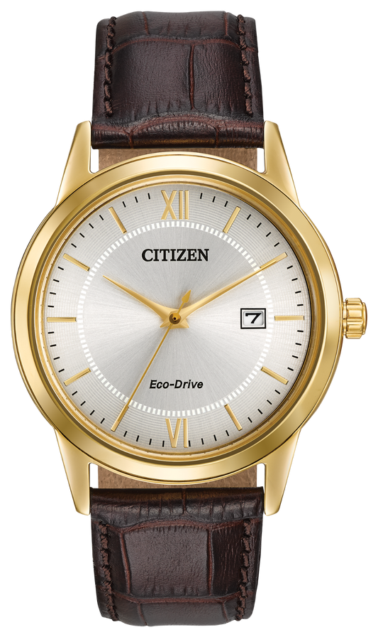 The Citizen Watch - Corso - AW1232-04A features Eco-Drive tech, a gold-tone stainless steel case, silver dial with gold markers and hands, brown leather strap, and date window at 3 o’clock.