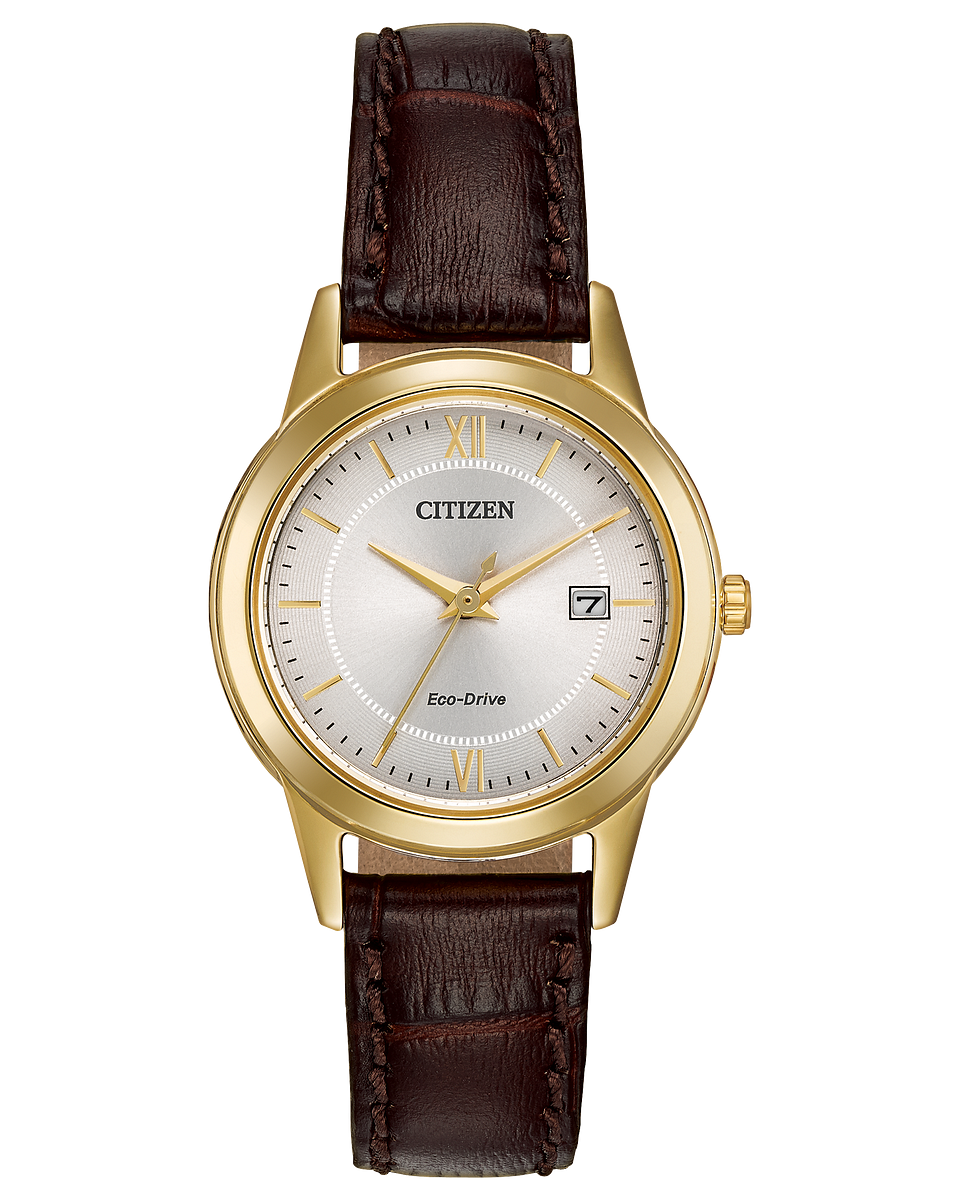 The Citizen Watch - Corso FE1082-05A is a gold-tone stainless steel ladies' watch with Eco-Drive, a white dial featuring roman numerals at 12 and 6, a date window at 3 o'clock, and a brown leather strap with visible stitching.