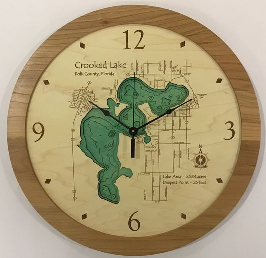 The Lake Art Lake Clock - Crooked Lake is a custom wooden clock featuring a detailed map of Crooked Lake, Polk County, Florida. It displays the lake’s unique shape with black hands and simple markers, showing 1:52.