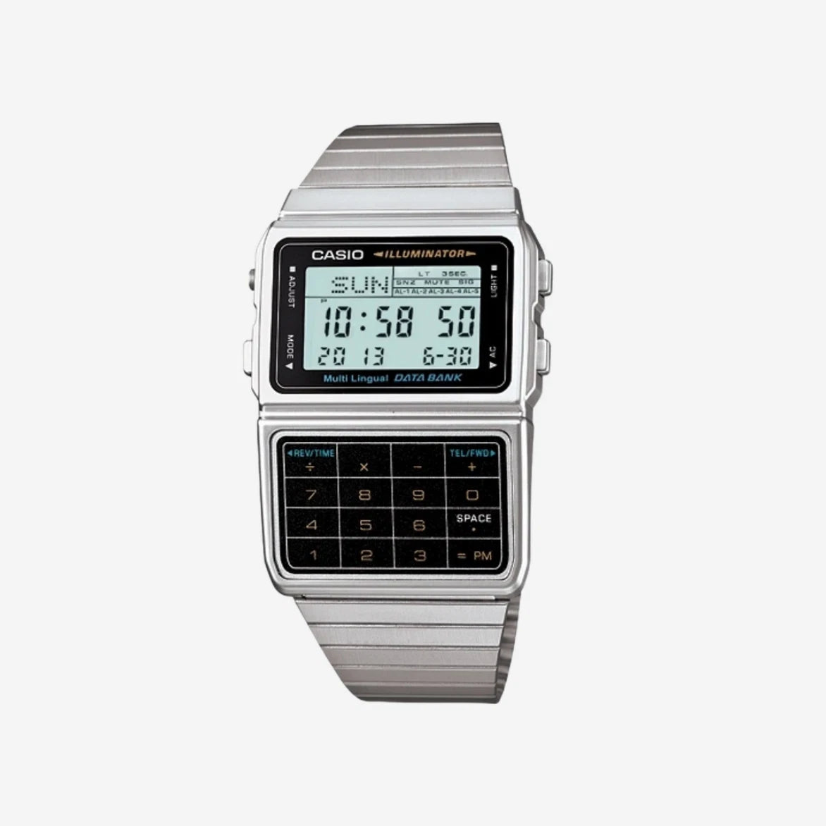 The Casio Watch - Calculator - DBC611-1VT by VLC Distribution Co. has a rectangular display for time, date, and day, black calculator/data bank buttons beneath the screen, and a sleek metal strap.