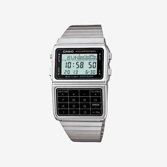 The Casio Watch - Calculator - DBC611-1VT by VLC Distribution Co. has a rectangular display for time, date, and day, black calculator/data bank buttons beneath the screen, and a sleek metal strap.