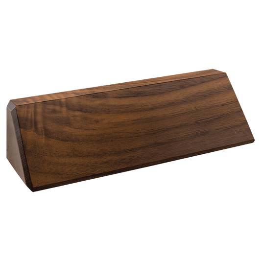 The JDS - Walnut Desk Wedge 8" (DS8) features a triangular prism shape, smooth finish, and natural wood grain—crafted by JDS and set against a plain white background.