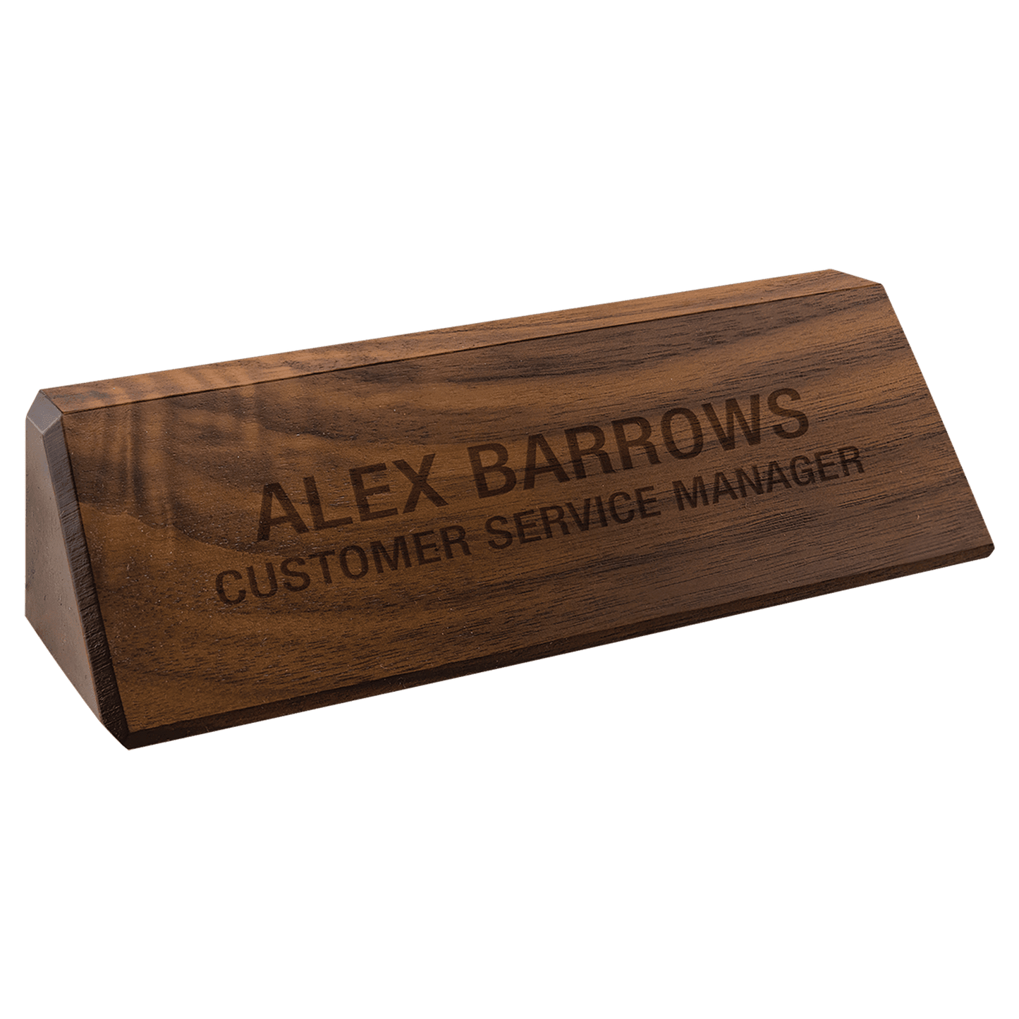 The JDS Walnut Desk Wedge 8" (DS8) is crafted from genuine walnut with a smooth, dark finish and elegantly angled. Engraved in all caps with "ALEX BARROWS CUSTOMER SERVICE MANAGER." Brand: JDS.
