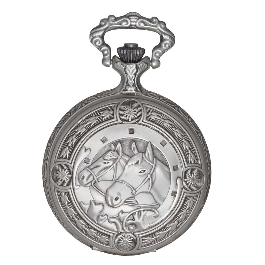 The Charles Hubert Pocket Watch - Full Hunter Quartz (DWA033) features an antique silver finish with embossed two horses’ heads at the center and ornate edge patterns, showcasing the brand's classic elegance and craftsmanship.
