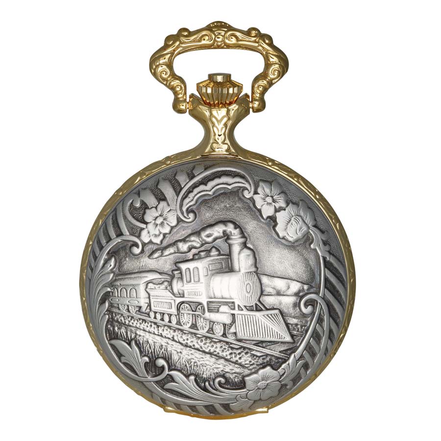 The Charles Hubert Pocket Watch - Full Hunter Quartz (DWA039) features an embossed vintage steam train on the case with ornate silver and gold floral patterns, combining classic design with reliable quartz movement.
