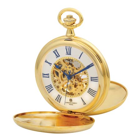 The Charles Hubert Pocket Watch - Double Full Hunter Mechanical (DWA046) features a white face, blue Roman numerals, and visible gears, combining classic style with timeless elegance. Brand: Charles Hubert.