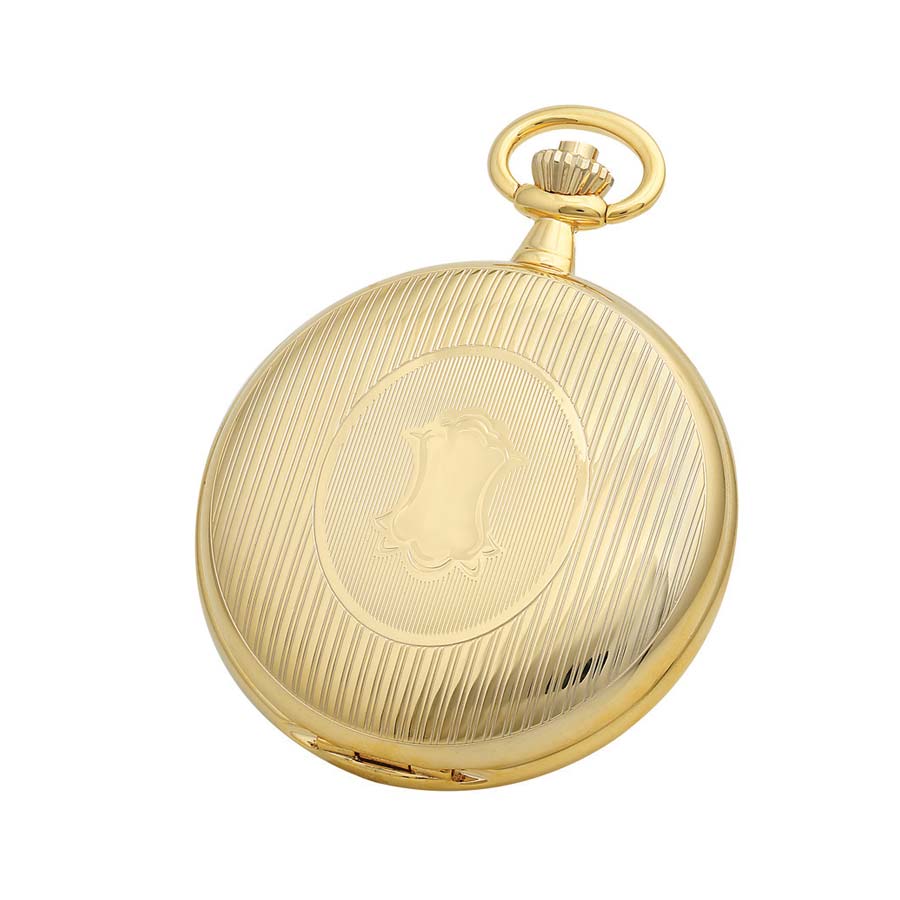 A closed Charles Hubert Pocket Watch - Double Full Hunter Mechanical - DWA046 with a textured striped cover and an empty crest, viewed from above on a white background.