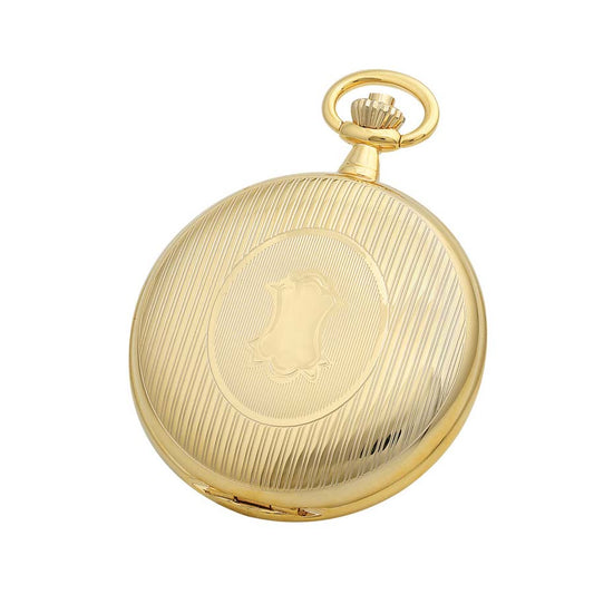 A closed Charles Hubert Pocket Watch - Double Full Hunter Mechanical - DWA046 with a textured striped cover and an empty crest, viewed from above on a white background.