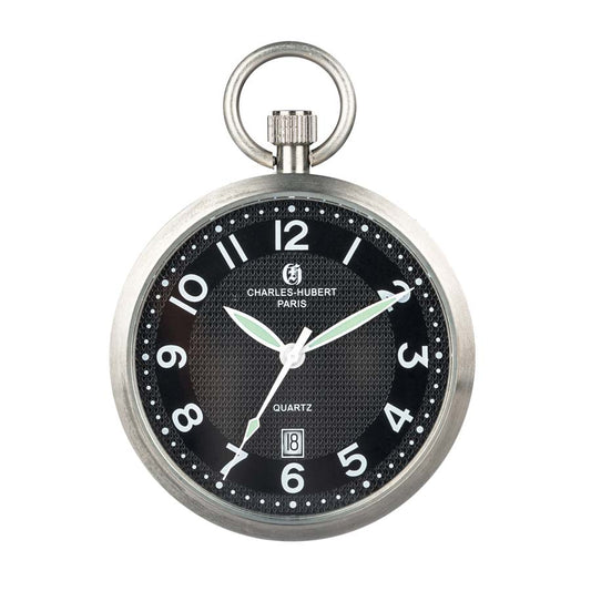 The Charles Hubert Pocket Watch - Open Face Quartz - DWA058 features a silver stainless steel case, black dial with white numerals, luminous hands set at 10:10, and a date window at 6 oclock.