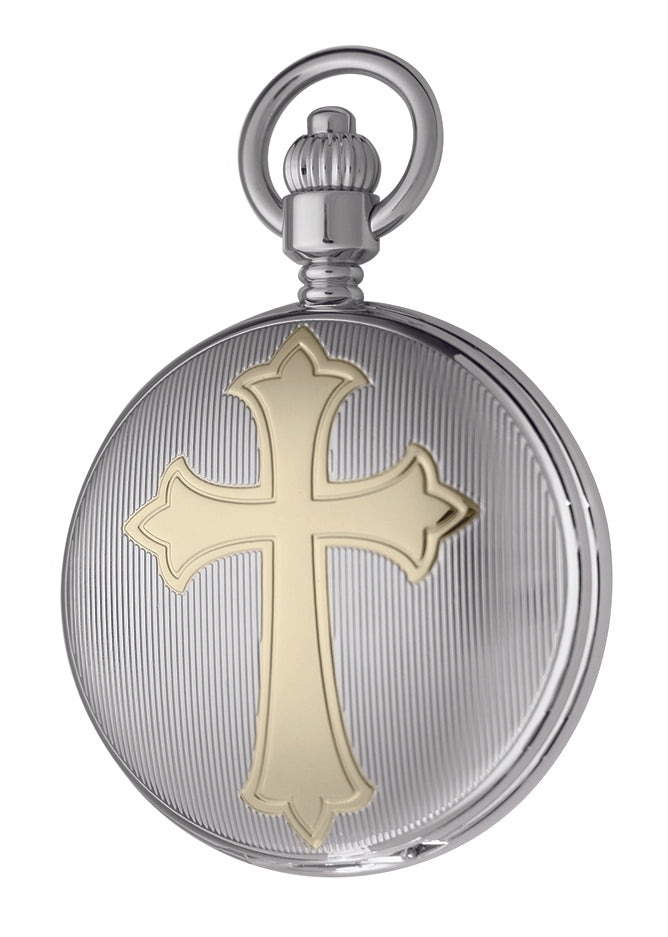 The Charles Hubert Pocket Watch - Full Hunter Mechanical (DWA071) is a Classic Collection timepiece with a silver case, raised gold cross on the cover, textured lined background, and a rounded crown for chain attachment.