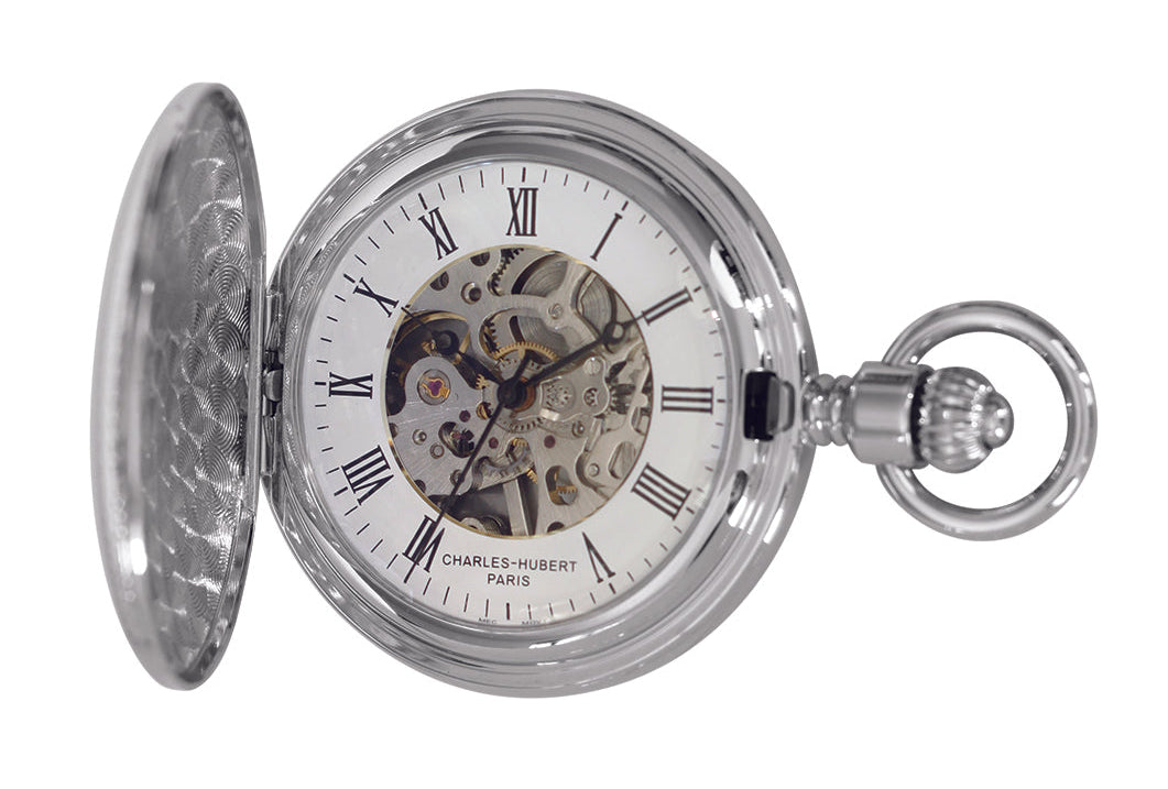 The Charles Hubert Pocket Watch - Full Hunter Mechanical (DWA071) features a partially open cover, Roman numeral markers, visible inner gears, and the Charles Hubert brand on the dial.