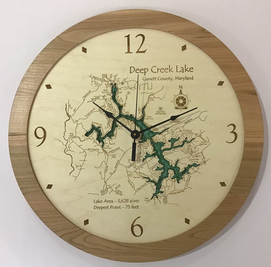 Lake Art’s Lake Clock - Deep Creek Lake - Custom Wooden Lake Clock features an engraved map with detailed depths of Deep Creek Lake, Maryland, and black hour, minute, and second hands set to 12:15:38.